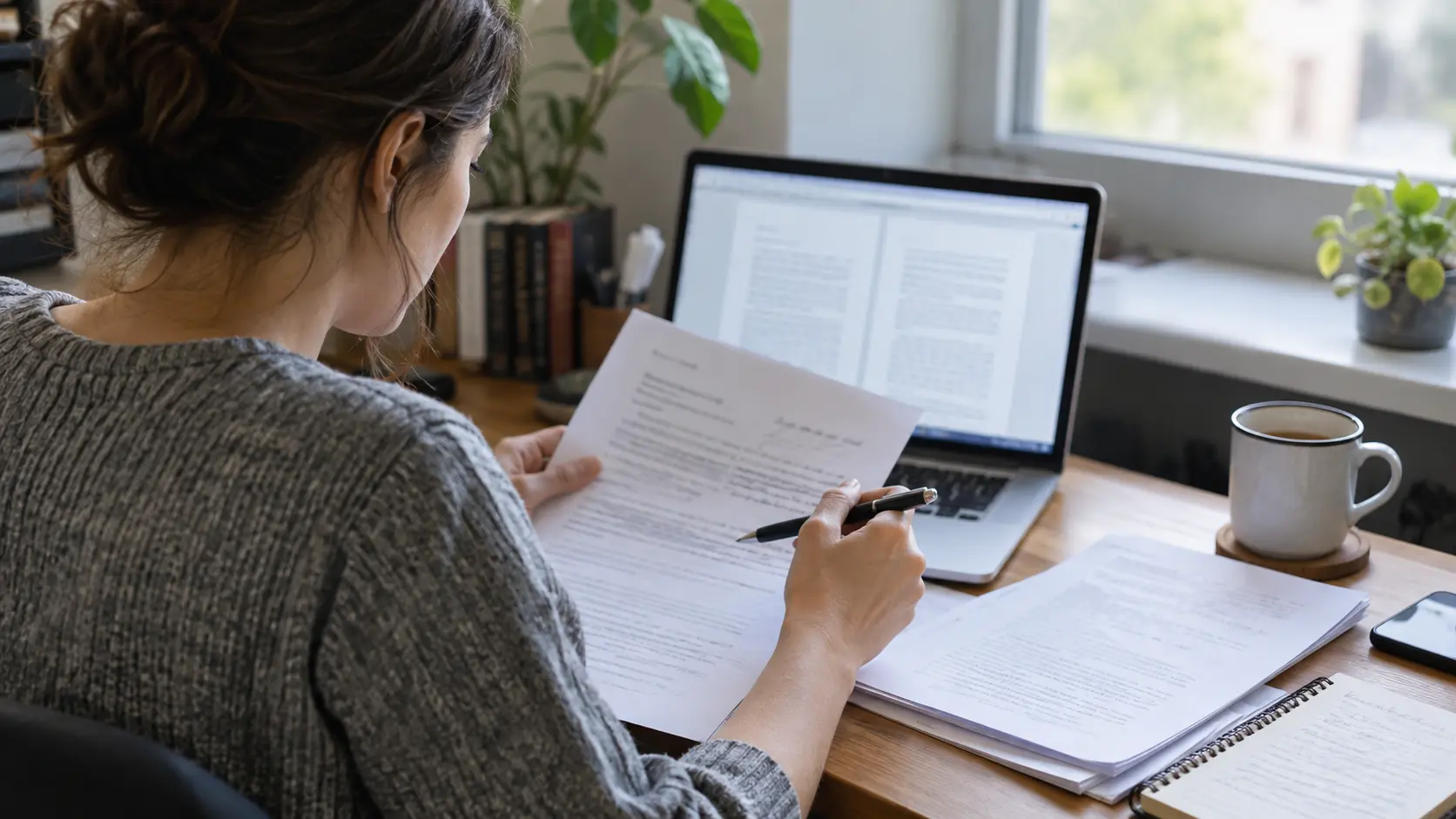 Illustrative photo of a content editor reviewing printed drafts beside a laptop.