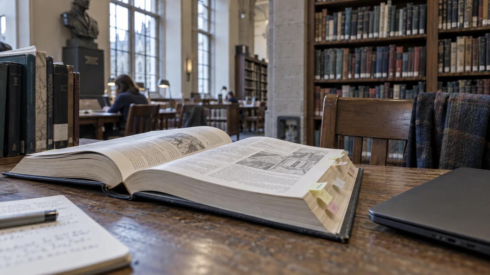 An open reference book and laptop on a library table.