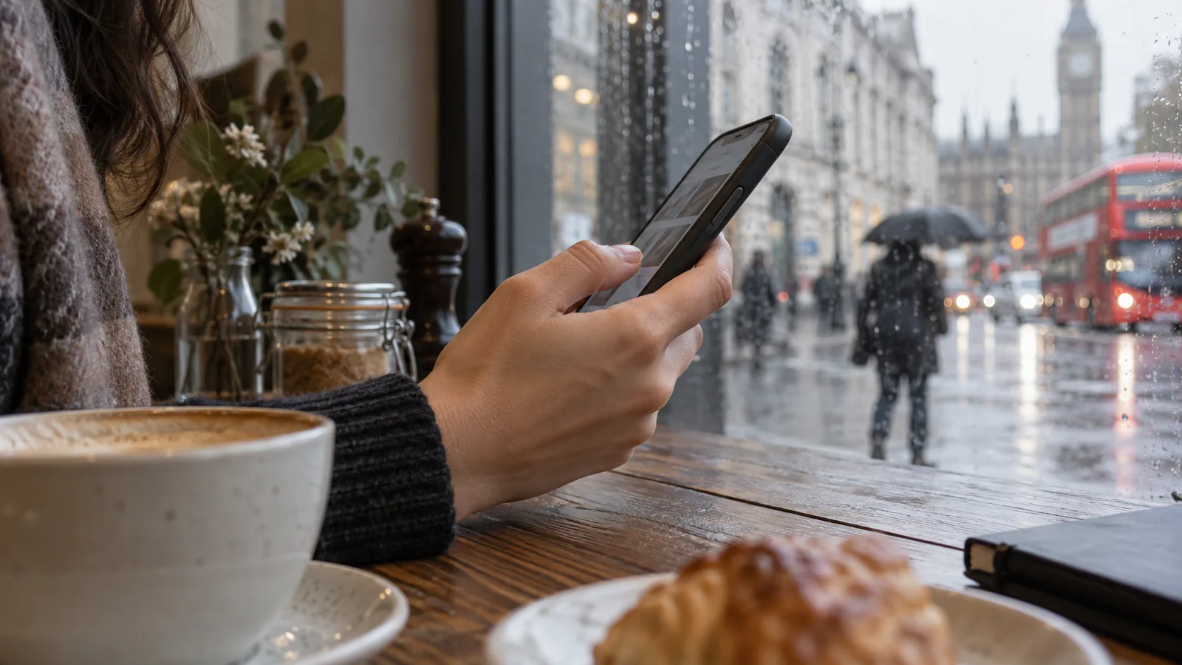 A person using a smartphone beside a rainy cafe window.