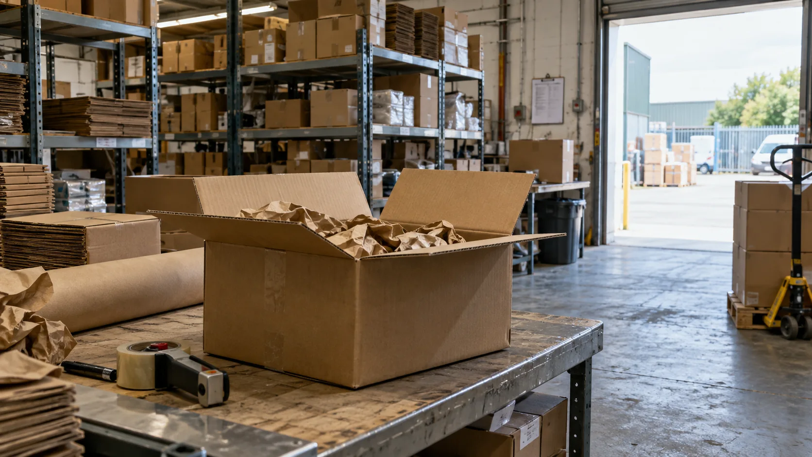 An open shipping carton on a packing bench in a stockroom.