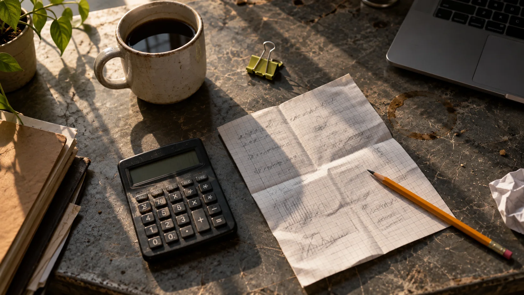 Calculator, pencil and working notes beside a laptop.