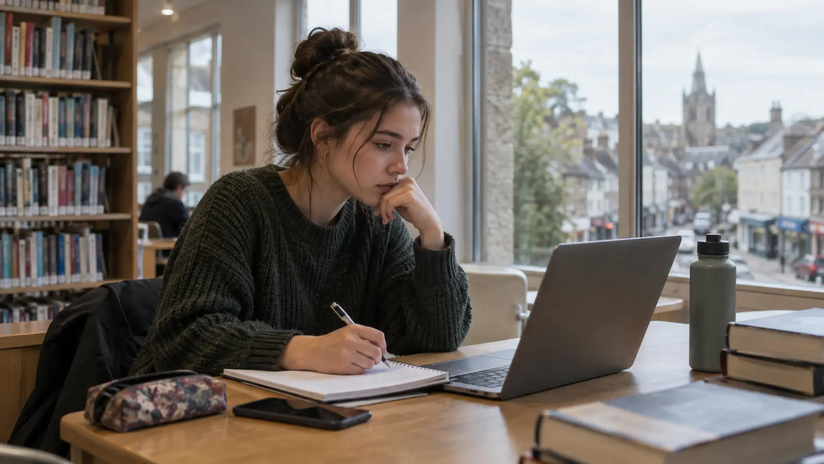 Illustrative photo of a graduate working on job applications at a library table.