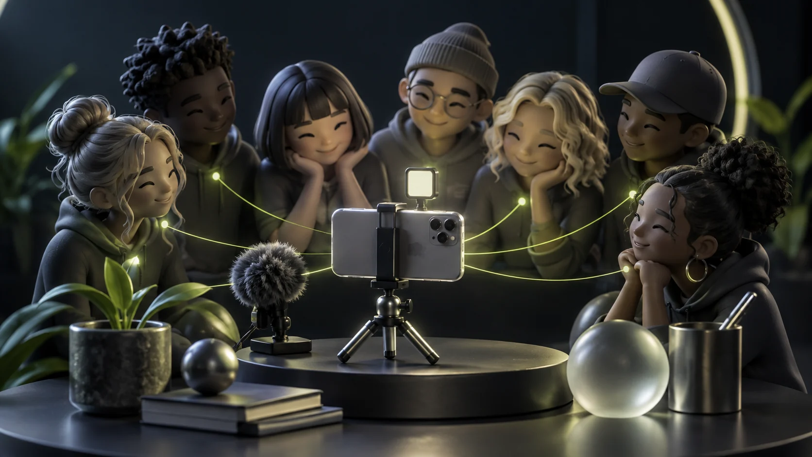 A small creator community gathered around a smartphone recording setup