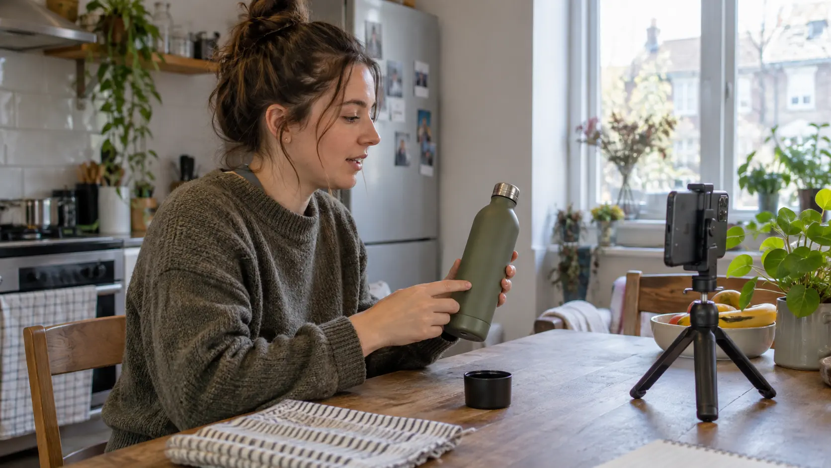 Illustrative photo of a creator filming a reusable-bottle demonstration with a phone at a kitchen table.