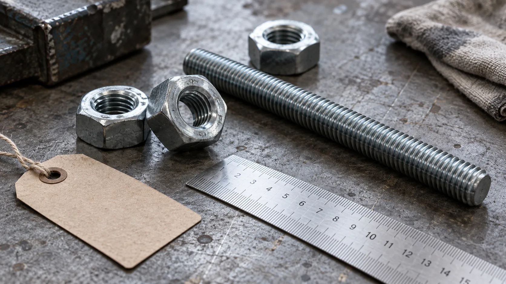Threaded rod, hex nuts and a ruler on a workshop bench.