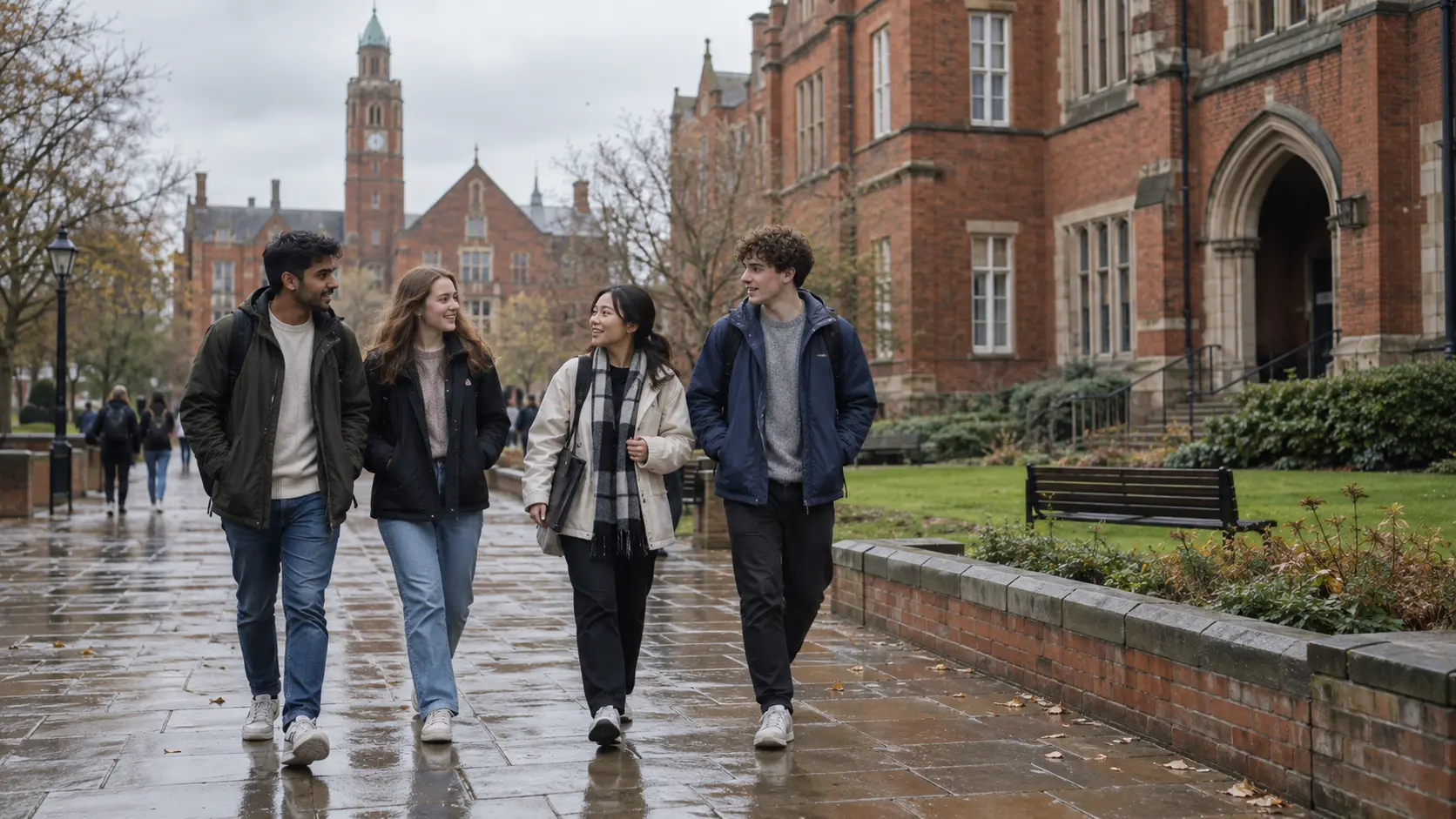 Illustrative photo of students walking through a red-brick British university campus.