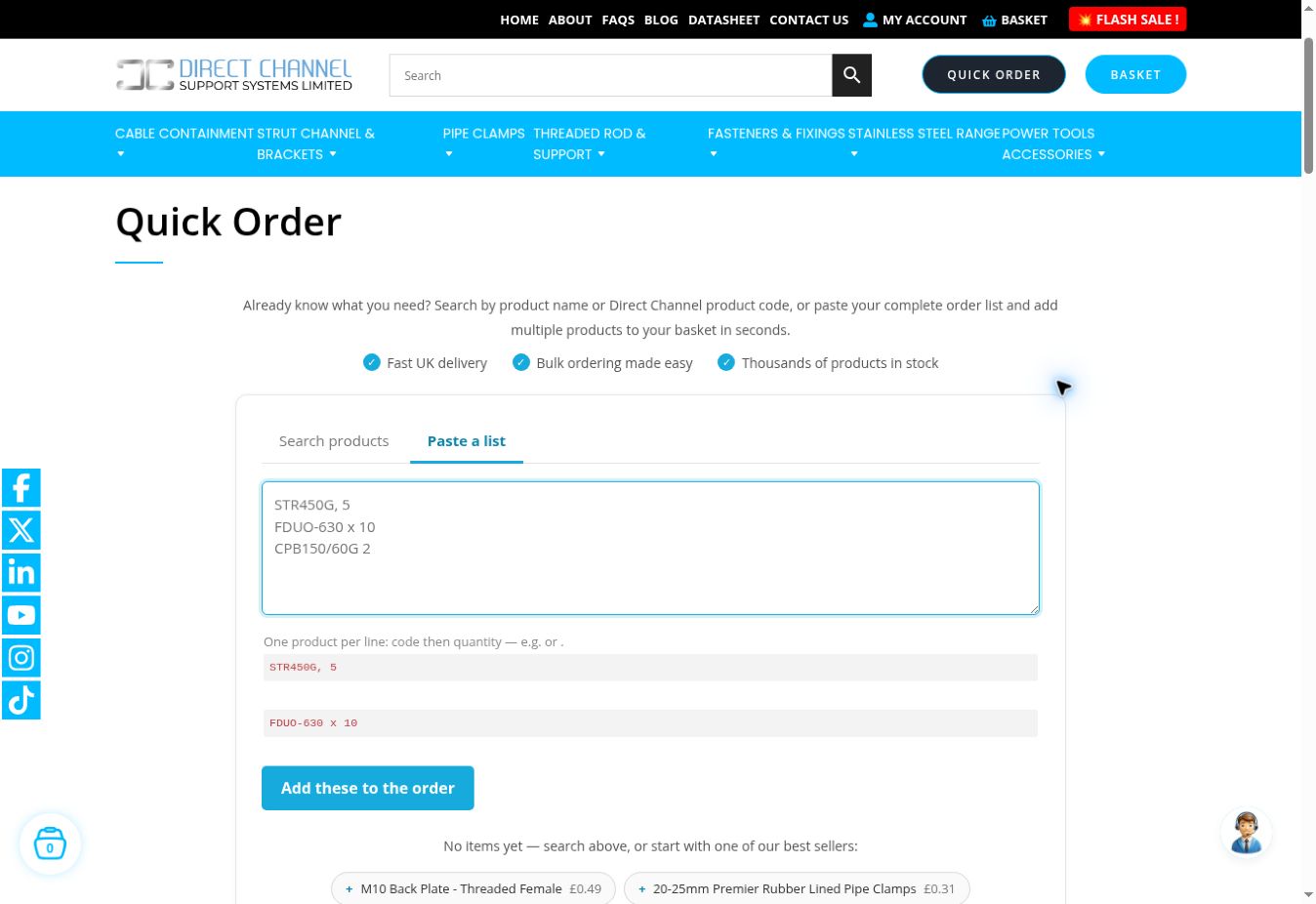 Direct Channel Quick Order interface showing bulk product-code entry.